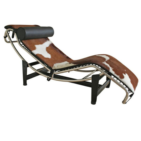 Le Corbusier Style Lounge Chaise - Leather Black and White Cowhide